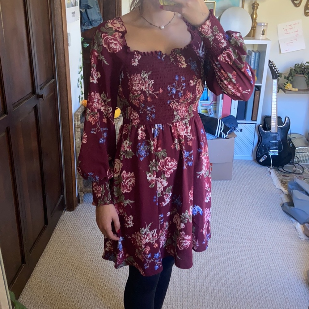 Maroon Floral Dress | Lightweight Comfortable Target Summer Spring Long Sleeve